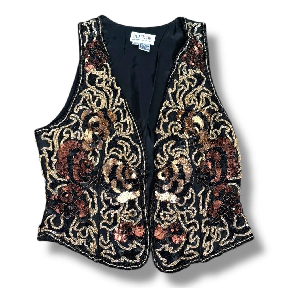 Vintage 90s Black Tie Silk Beaded Metallic Sequin Open Front Vest Gold Bronze